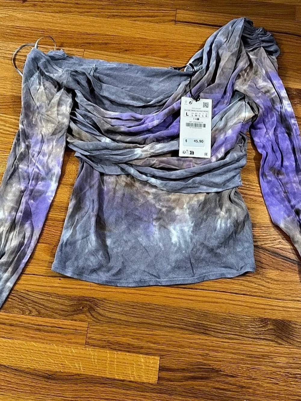 Zara Tie-Dye Draped Neck Long Sleeve Top Size Large